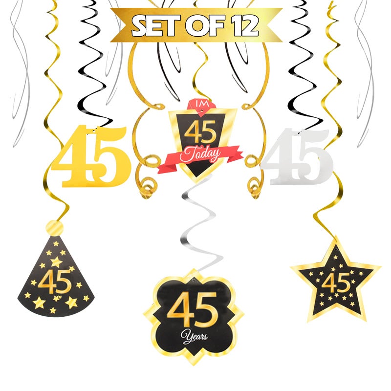 LINGTEER Happy 45th Birthday Decorations 45th Birthday Black with Gold Swirls Hanging Streamer Kit Cheers to 45 Years Old Bday Foil Party Photo Backdrop Supplies. - Image 1
